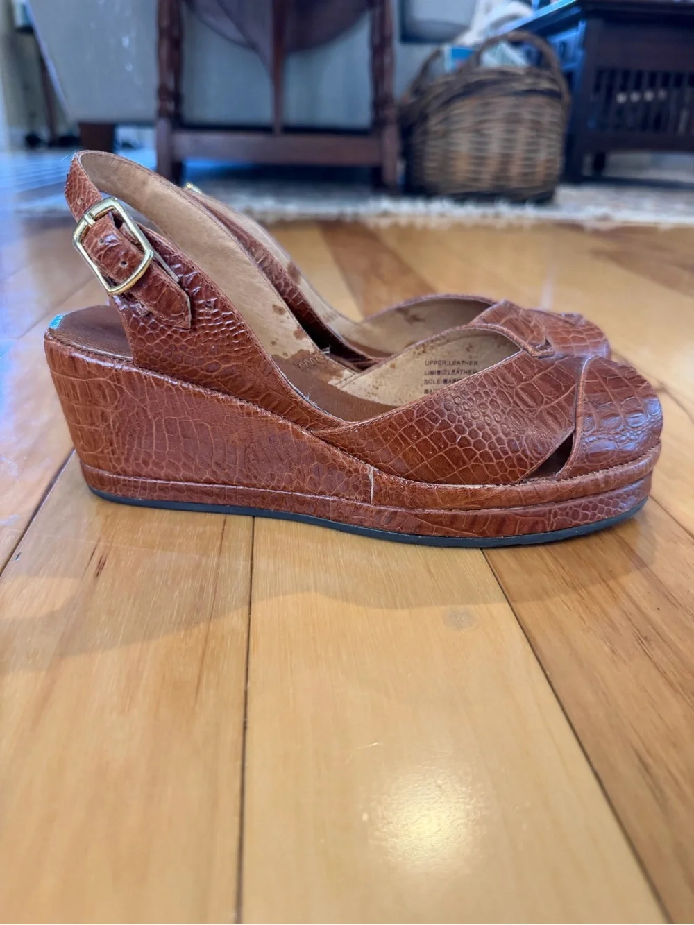 Re-Mix Women's Brown Croc-Embossed Leather Wedge Slingback Peep-Toe Shoe